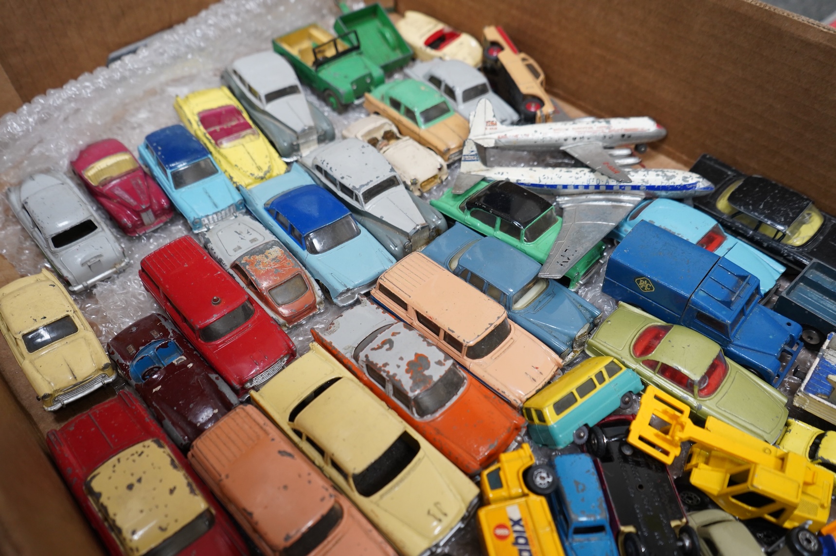 A quantity of 1950s/60s Dinky Toys, Corgi Toys, Matchbox Series, etc. including two boxed Dinky Supertoys; BBC T.V. Mobile Control Room (967), BBC T.V. Roving Eye Vehicle (968), together with unboxed vehicles including;